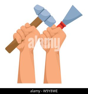 Construction workers hands holding tools Stock Vector