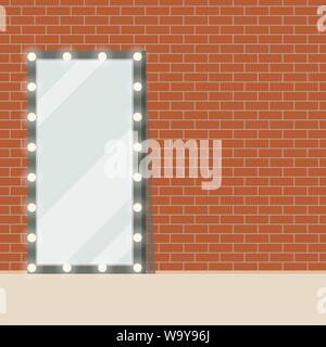 Illuminated floor mirror with light bulbs standing on red brick wall background. Stock Vector