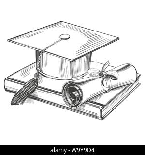 graduate cap and diploma, education vintage set hand drawn vector illustration realistic sketch Stock Vector