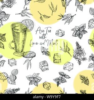 Seamless pattern Vintage hand drawn sketch design bar, restaurant, cafe menu background. Cold tea with ice, lemon and mint Creative template for flyer Stock Vector