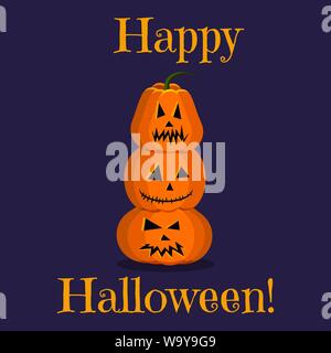 Cute Happy Halloween greeting card with three characters bright orange angry pumpkins upright on each other Stock Vector