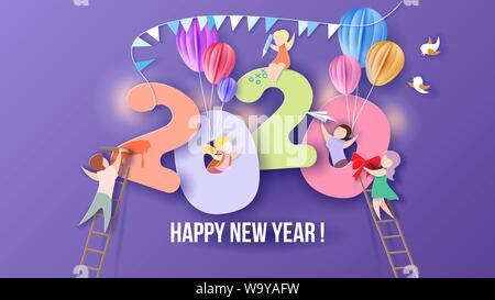 2019 New Year design card with kids on purple background. Vector illustration. Paper cut and craft style. Stock Vector