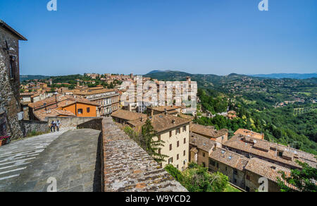 view of the hilly Umbrian landscape from the ramparts at Porta Sole, Perugia, Umbria, Italy Stock Photo