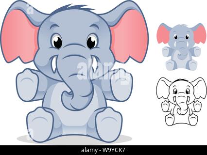 Adorable Elephant Doll Cartoon Character Design, Including Flat and Line Art Designs, Vector Illustration, in Isolated White Background. Stock Vector