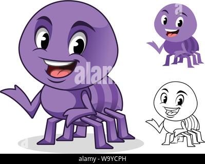 Adorable Spider Cartoon Character Design, Including Flat and Line Art Designs, Vector Illustration, in Isolated White Background. Stock Vector