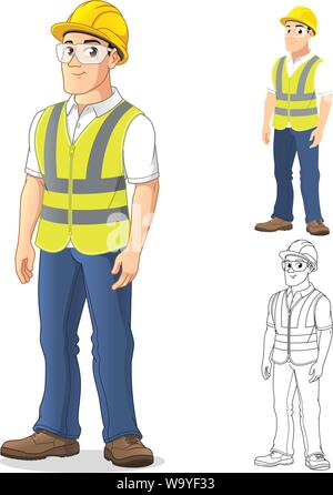 Man with Safety Gear Standing Straight, with His Arms by His Side, Cartoon Character Design, Including Flat and Line Art Designs, Vector Illustration, Stock Vector