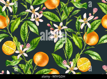 Orange fruit branches. Seamless pattern with flowers realistic botanical floral illustration on dark blue background hand painted Stock Photo