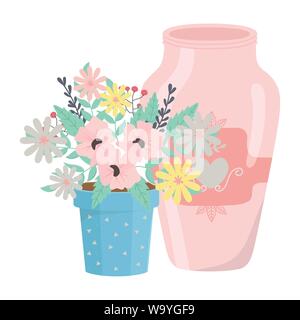 Flowers and leaves inside pot design, floral nature plant ornament garden decoration and botany theme Vector illustration Stock Vector