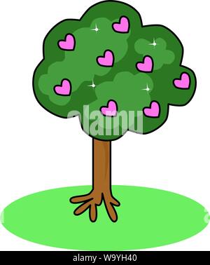 Illustration of tree with pink hearts and stars. Growing love. Abstract plant. Stock Vector