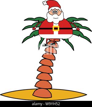 Santa Claus is sitting on a palm tree from above. New Year in the south. Color isolated illustration Stock Vector