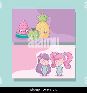 group cute little girls with fruits kawaii style vector illustration design Stock Vector