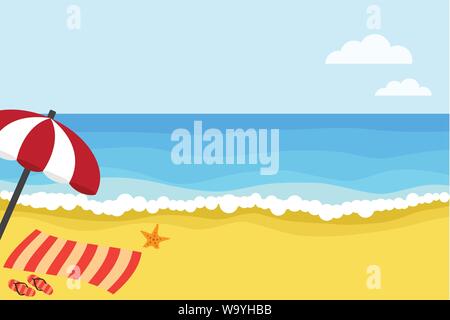 Tropical beach with umbrella and towel. Vector illustration Stock Vector
