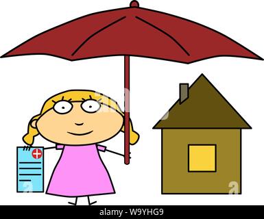 Insurance concept. Colorful illustration. Real estate concept. Girl and umbrella. House and document, sheet. Medical support. Protection of life and h Stock Vector