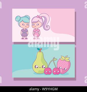 group cute little girls with fruits kawaii style vector illustration design Stock Vector