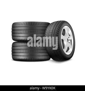 Vector 3d Realistic Render Car Wheel Icon Closeup Isolated on White Background. Design Template of New Tires with Alloy Rims Front and Side View Stock Vector