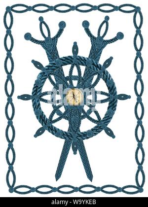 Compass steering wheel and sword aua old ropes Stock Photo