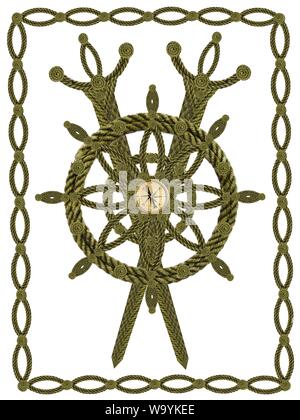 Compass steering wheel and sword aua old ropes Stock Photo