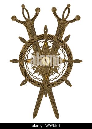 Compass steering wheel and sword aua old ropes Stock Photo