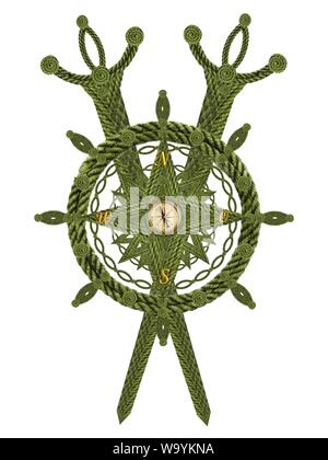 Compass steering wheel and sword aua old ropes Stock Photo