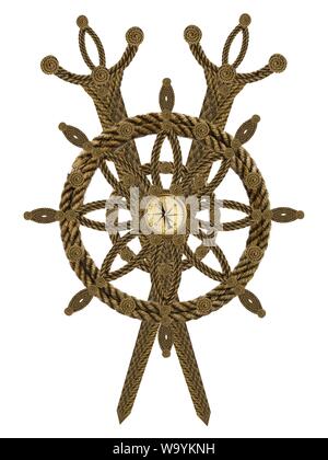 Compass steering wheel and sword aua old ropes Stock Photo