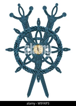 Compass steering wheel and sword aua old ropes Stock Photo