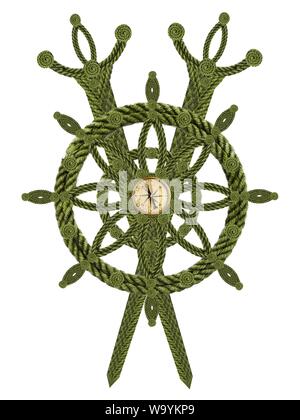 Compass steering wheel and sword aua old ropes Stock Photo