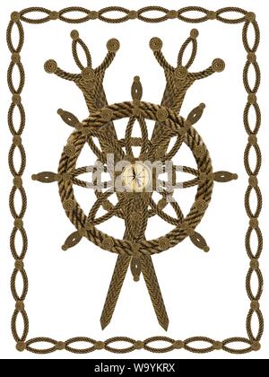 Compass steering wheel and sword aua old ropes Stock Photo