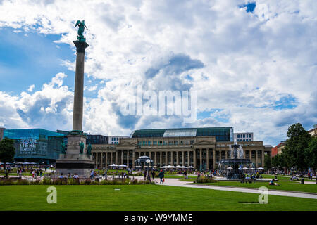 Stuttgart, Germany, August 15, 2019, Koenigsbau shopping mall and food court inside historic building behind schlossplatz square where many people enj Stock Photo