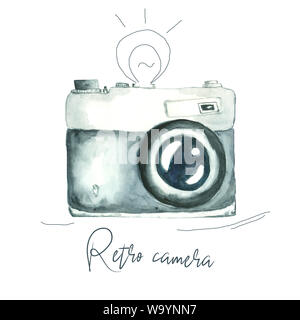 watercolor image of retro camera isolated on white background with hand drawn antique flash and sign Stock Photo