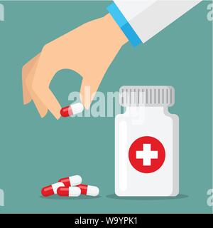 Pills icons red and white and hand holding a pill. Vector illustration Stock Vector