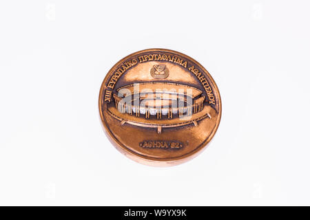 Kouvola Finland - 26 March 2017: Athens 1982 Athletics European Championships Participation medal obverse. Stock Photo