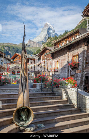 Pictures of a Zermatt town and mountain at sunny day Stock Photo