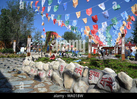 (190816) -- BEIJING, Aug. 16, 2019 (Xinhua) -- Tourists visit the Tibet Garden at the Beijing International Horticultural Exhibition in Beijing, capital of China, Aug. 15, 2019. Tibet has seen significant progress in restoring biodiversity, with a forest coverage rate of 12.14 percent, said a white paper released in March this year by China's State Council Information Office.    The population of Tibetan antelopes has grown from 60,000 in the 1990s to more than 200,000 and Tibetan wild donkeys have increased in numbers from 50,000 to 80,000, noted the document, titled 'Democratic Reform in Tib Stock Photo