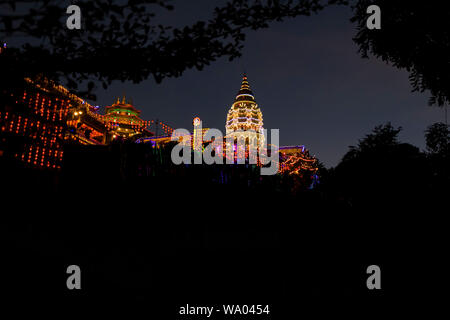 The extensive, over the top lighting at the famed Kek Lok Si Chinese temple in George Town, Penang, Malaysia. The temple puts on the amazing light sho Stock Photo