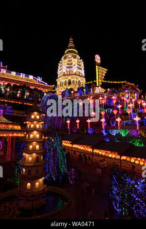 The extensive, over the top lighting at the famed Kek Lok Si Chinese temple in George Town, Penang, Malaysia. The temple puts on the amazing light sho Stock Photo