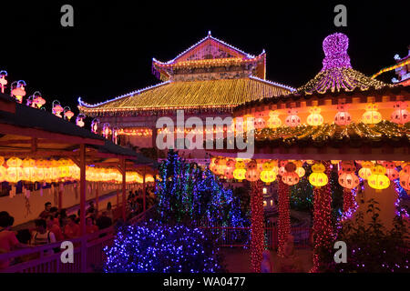 The extensive, over the top lighting at the famed Kek Lok Si Chinese temple in George Town, Penang, Malaysia. The temple puts on the amazing light sho Stock Photo