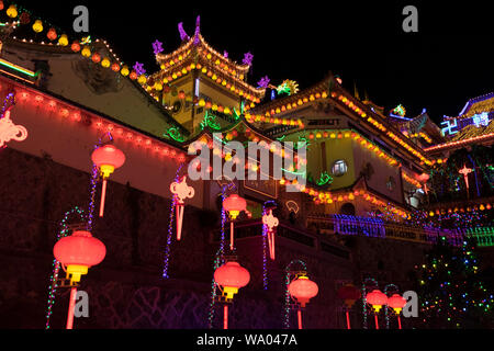 The extensive, over the top lighting at the famed Kek Lok Si Chinese temple in George Town, Penang, Malaysia. The temple puts on the amazing light sho Stock Photo