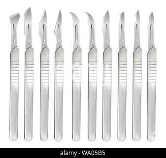 Set of scalpels with interchangeable blades of various shapes. Surgical operating hand tools. Realistic objects on a white background. Vector Stock Vector