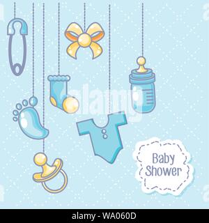 baby shower card with objects for kids hanging vector illustration design Stock Vector