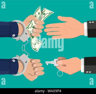 Hand with key unlocking handcuffs for money. Stock Vector