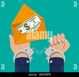 Hand with key unlocking handcuffs for money. Stock Vector