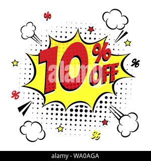 Comic lettering 10 percent off SALE in the speech bubble comic style flat design. Stock Vector