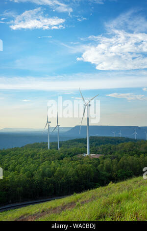 Wind turbines for generating electricity in Thailand, some of which are powered by natural wind. Stock Photo