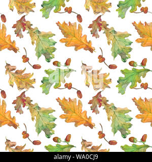 Watercolor hand drawn seamless pattern with autumn green and yellow oak leaves and acorns on white background. Design for textile, decor, packaging. Stock Photo