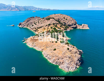 Aerial view of Akdamar Holy Cross Church, hidden monuments of Anatolia. Island of Akdamar on lake Van, eastern Turkey. Stock Photo