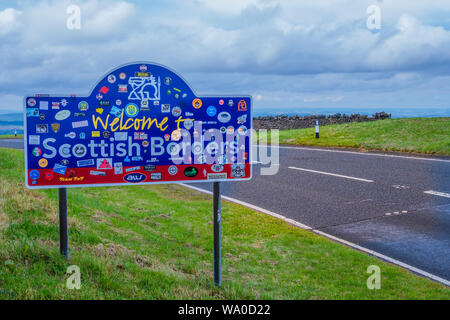 Roadside sign marking the Scottish Border. Stock Photo