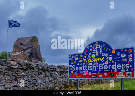 Roadside signs marking the Scottish Border at Carter Bar. Stock Photo