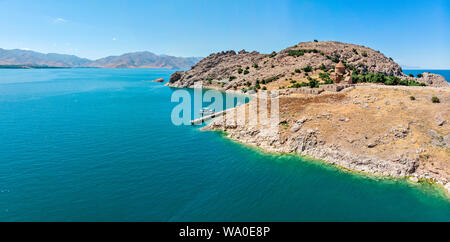 Aerial view of Akdamar Holy Cross Church, hidden monuments of Anatolia. Island of Akdamar on lake Van, eastern Turkey. Stock Photo