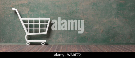 E shop, e commerce concept. Shopping cart trolley icon on empty room background, banner, copy space. 3d illustration Stock Photo