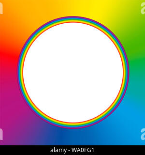 Rainbow colored round frame with colorful rainbow gradient background and white blank center. Stock Photo